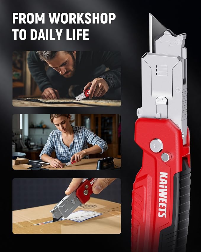KAIWEETS Utility Knife Scraper, 2-in-1 Folding Box Cutter with Blade Storage, Heavy Duty Zinc Alloy Body, Retractable Design, 12pcs SK2 Black Blades replacement, EDC Tool for Home, Office, DIY– Red