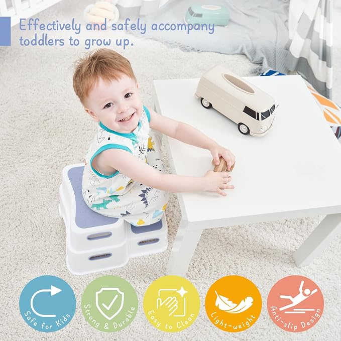 Forbena Kids Step Stool for Bathroom, Two Stepping Stool for Toddlers Toilet Potty Training, Sturdy Children Plastic Step Stool for Bed Bathroom Kitchen Counter Sink (White-Blue)