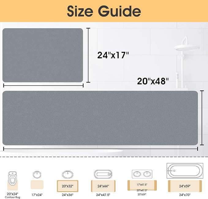 ACCUMTEK Non Slip Bath Mat, Thin Bathroom Rugs Fit Under Door, Quick Dry Bath Mats, Machine Washable Bath Rugs for Bathroom, Bathtub & Kitchen, Bathtub, Grey/Solid/24 x17+48"x20"