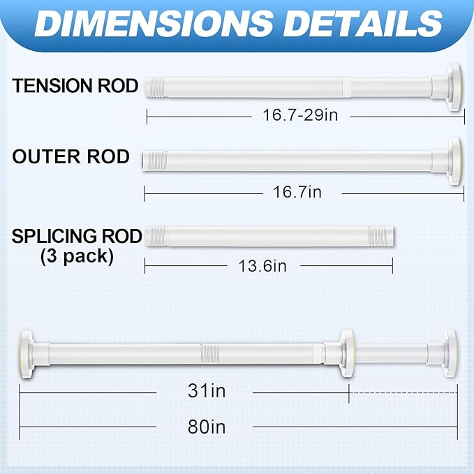 CorkLatta White Shower Curtain Rod 31 to 80 Inch,1 Inch Diameter Adjustable Spring Tension Stainless Steel Telescoping Rod,Easy Install,No Rust