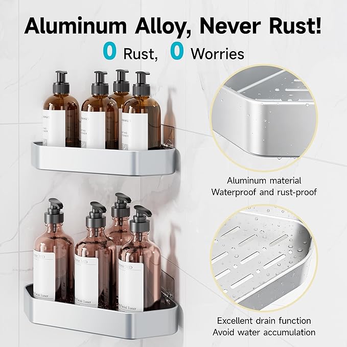 Veken Aluminum Corner Shower Caddy 4-Pack, Never Rust, No Drilling Adhesive Shelves, Stainless Rack with Soap Holder, Bathroom Organizers and Storage, Wall-Mounted Kitchen & Home Decor, Silver