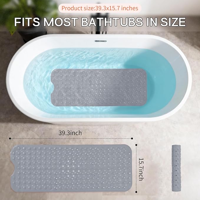 Anti-Slip Bathtub Shower mat, 40×16 inch（ 100 × 40cm） Soft Oversized Machine Washable Non-Slip Bathtub mat with Drainage Holes, Bathroom Floor Suction Cup.（1-Opaque Gray）