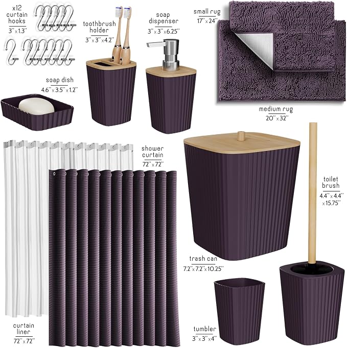 Clara Clark Bathroom Accessories Set - Bathroom Set, Bathroom Sets with Shower Curtain and Rugs, Shower Curtain Set with Trash Can - Purple - 22PC