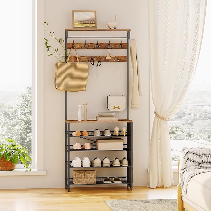 HOOBRO Hall Tree with Bench, Entryway Coat Rack with Shoe Rack, Shoe and Coat Rack, 5 Tier Shoe Storage Organizer with Oxford Fabric Side Pockets, Adjustable Mesh Shelves, Rustic Brown BF75MT01