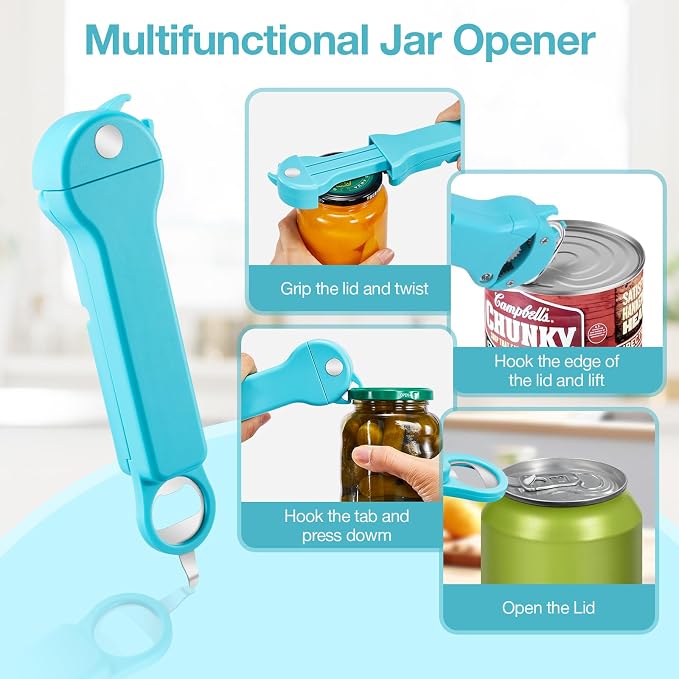 Jar Opener for Seniors with Arthritis, 7 in 1 Bottle Opener and Wine Corkscrew, Easy Grip Kitchen Gadget for Weak Hands Elderly, Retractable Jaw Lid Opener with Magnetic Storage (Teal)