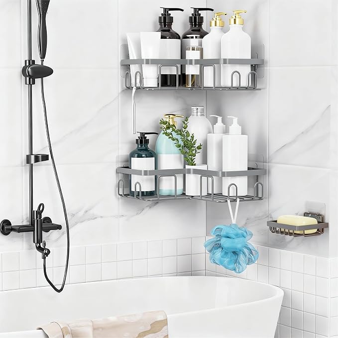 Moforoco Corner Shower Caddy Shelf Organizer Rack, Self Adhesive Grey Bathroom Shelves Basket, Home Wall Shower Inside Organization and Storage Decor RV Accessories, First Apartment Essentials