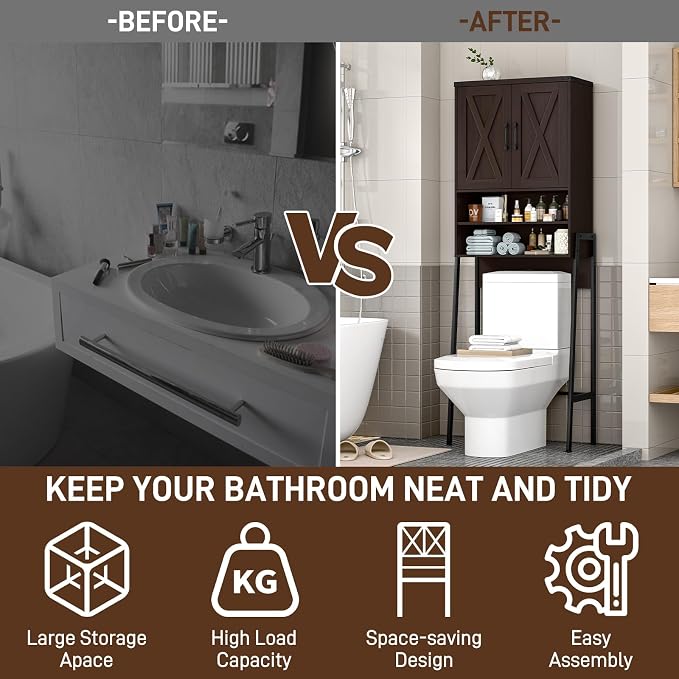 Vabches Over The Toilet Storage Cabinet, Farmhouse Over Toilet Storage Cabinet, Metal Frame with Barn Doors, Home Space-Saving Toilet Rack for Bathroom, Toilet, Laundry Room