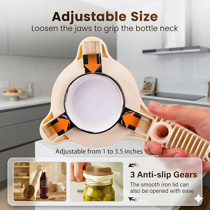 4-in-1 Jar Opener, Adjustable Bottle Lid Opener for Elderly and Arthritis Sufferers, Easy Grip for Weak Hands, Non-Slip, Effortless for Tight or Refrigerated Lids, Multi-Size for Jars Bottles(Beige)