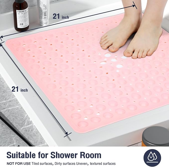 Pink Square Shower Bathtub Mat Non Slip 21x21 Inch, Soft Bath Mat for Inside Shower Tub, Shower Stall Mats for Bathroom Floor with Big Suction Cups Drain Holes, Easy Washable Dry, BPA-Free