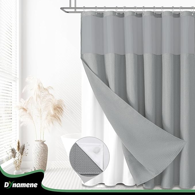 Dynamene Extra Long Shower Curtain, 84 Inch Long Waffle Fabric Shower Curtain for Bathroom, Tall Waterproof Cloth Shower Curtain Liner Set with Hook, Snap in Liner, Mesh Top Window, Dark Grey, 72x84
