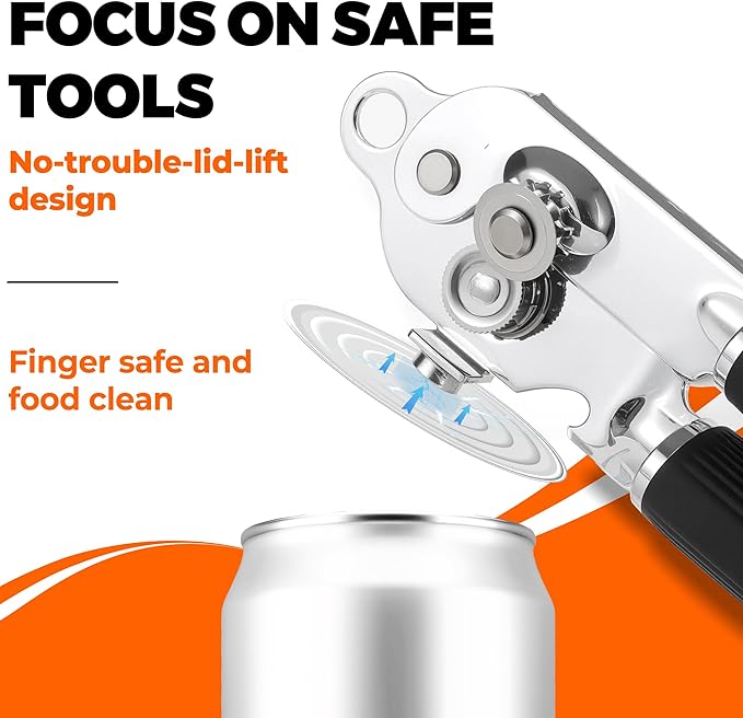 Can Opener Manual Heavy Duty Stainless Steel Smooth Edge with Magnet Large Effort Saving Knob Soft Grip Handle for Arthritis Elderly with Bottle Opener Kitchen Tool Black