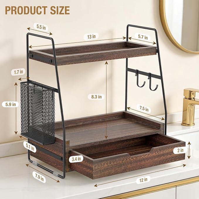 2-Tier Bathroom Counter Organizer with Drawer and Removable Basket, Wood Vanity Countertop Storage for Perfume, Makeup, Skincare, Bathroom Counter Shelf, 13" x 7.9" x 14.5", Dark Brown