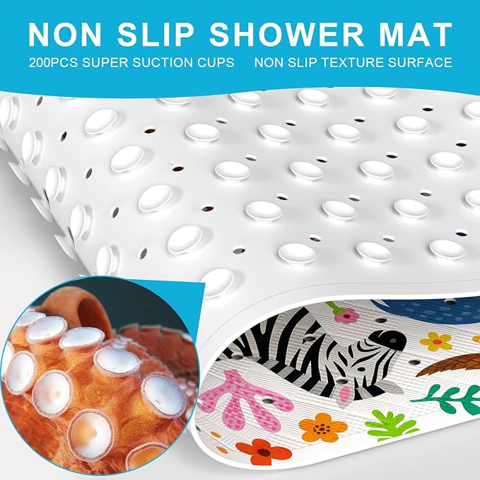 XIYUNTE Baby Bath Mat for Tub Non Slip Kids, BPA Free Extra Long Bathtub Mat 40x16 with Drain Holes and 200 Suction Cups, Non Toxic Machine Washable Toddler Bath Mat, Eco-Friendly Certified