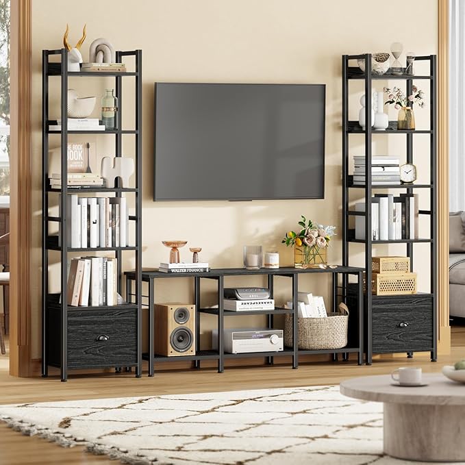 Furologee Book Shelf Set of 2, 6 Tier Tall Shelf with Drawer, Bookshelves and Bookcases Set of 2, Industrial Display Shelving Unit for Bedroom, Living Room, Home Office, Black Oak