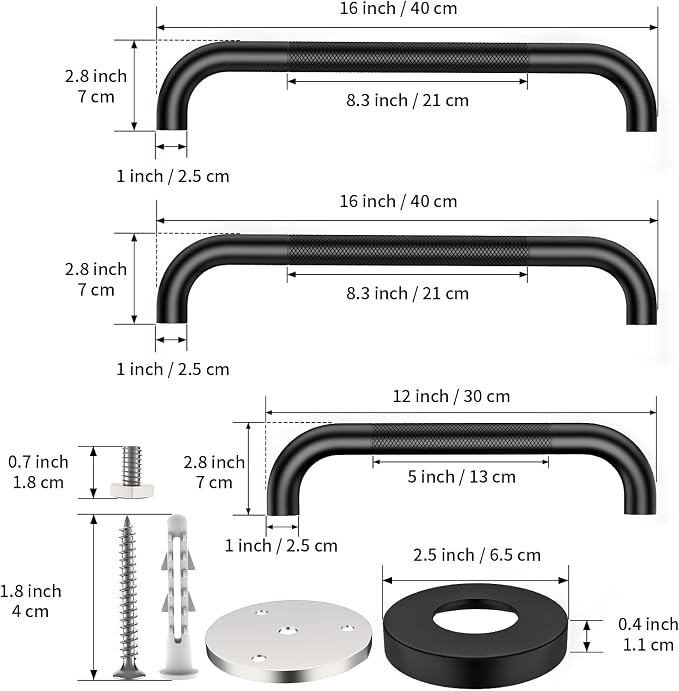 3 Pack Bathroom Grab Bar for Commercial, Munzong 12" 16" 16" Shower Grab Bar Bundle, Black Anti Slip Safety Balance Bar,Stainless Steel Handicap Hand Rail for Elderly Injury Senior Bath Handle