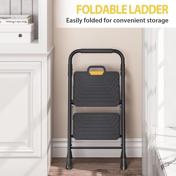 KINGRACK 2 Step Ladder, Sturdy Steel Step Stool with Anti-Slip Wide Pedals, Handrail, Safe-Lock Design, Pass 800lbs Load Testing, Folding Portable Ladder for Multi-Purpose, Home, Kitchen, Black
