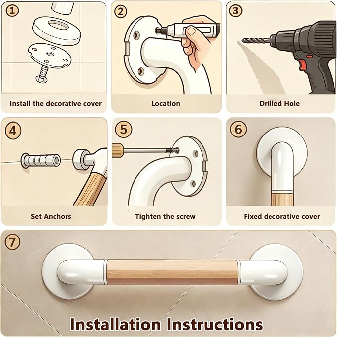 Grab Bars for Shower, 2 Pack 16 Inch Bathtub and Bathroom Safety Handle for Seniors, Anti-Slip Faux Wood Grip, Heavy Duty Shower Handles, Supports up to 500 lbs for Elderly, (Wide Bold Strip)