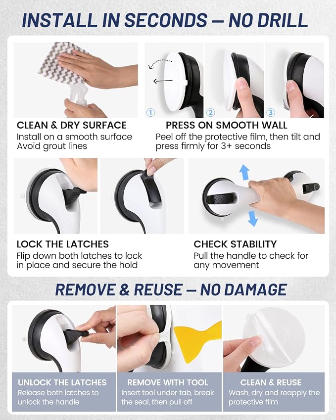 Gel-Enhanced Shower Grab Bar for Bathtubs and Showers, Heavy Duty Suction Cup Shower Handle for Seniors and Elderly, No Drilling Removable Bathroom Safety Bar for Tub Support, Black/W