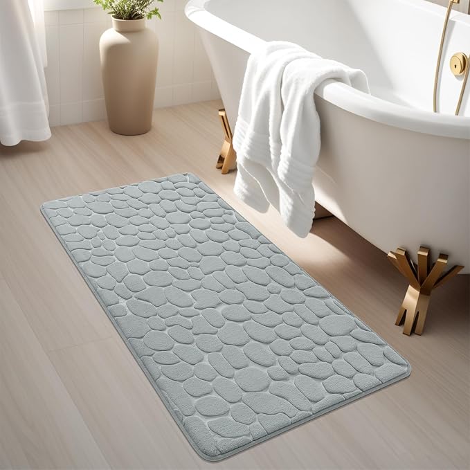 YIHOUSE Memory Foam Runner Rug, Cobblestone Bathroom Runner Rugs Super Water Absorbent Bath Mats for Bathroom Machine Washable Bath Rugs for Hallway Bedroom Laundry Room(24 x 47,Light Gray)