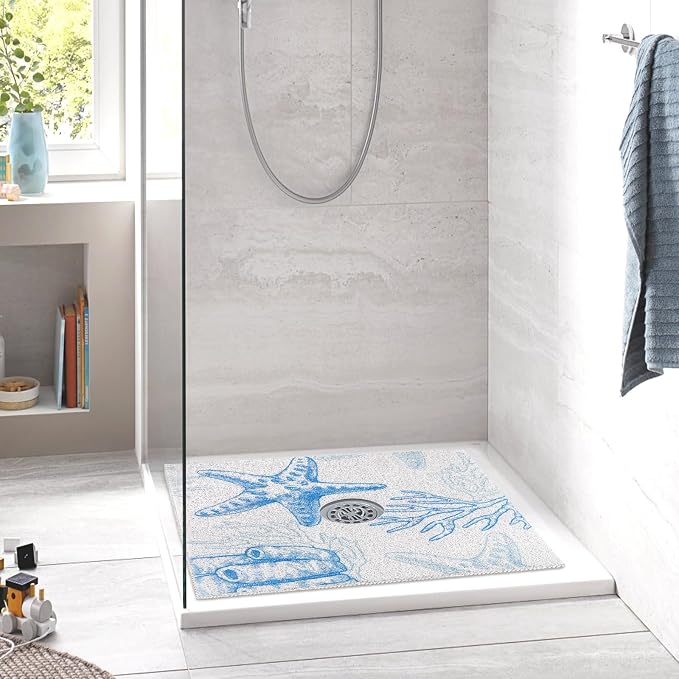 Square Shower Mat Non Slip: 36 x 36 Inch Extra Large Shower Mats with Drain Hole in Middle - PVC Loofah Anti Slip Shower Floor Matt for Inside Shower