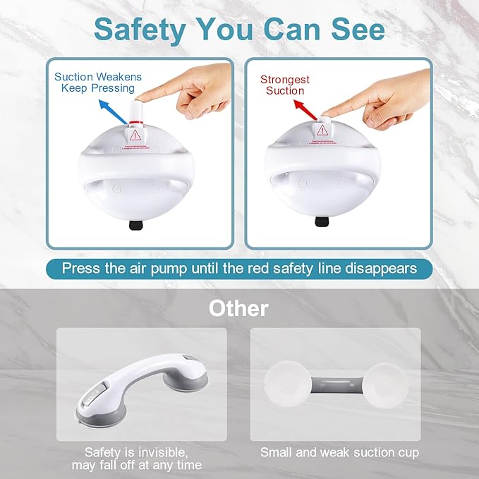 Upgraded Suction Shower Grab Bar, Extra Strong 418lb Suction Handle for Bathtubs, Showers, and Toilets, Safety for Elderly/Seniors, White, 2 Pack