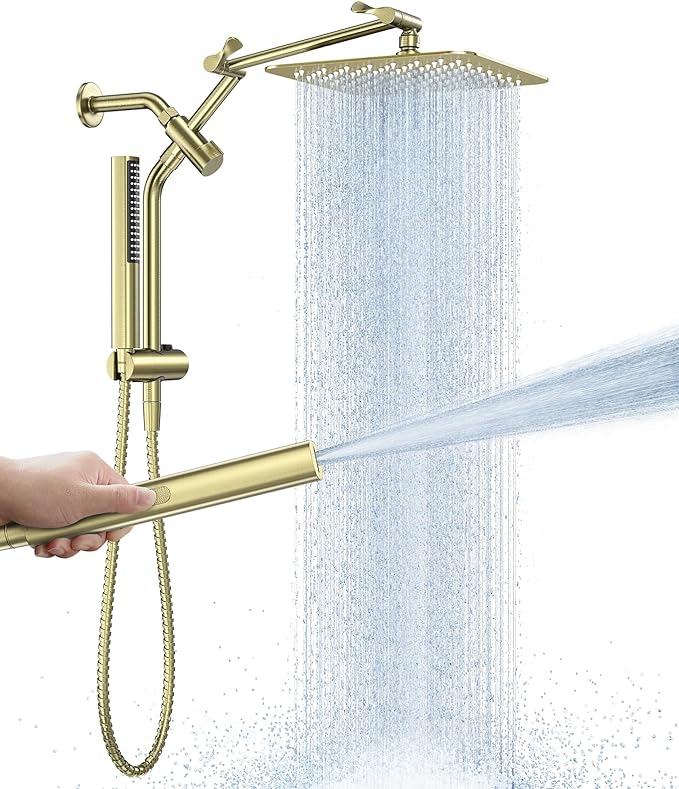 Veken All Metal 10" Shower Head with Handheld, Luxurious Square Double Rain Shower Heads with Spray Combo, Dual High Pressure Detachable Rainfall Showerhead with Extension Arm, Long Hose,Brushed Gold
