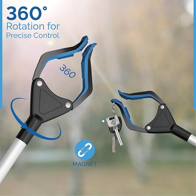 FitPlus 2024 Upgrade PowerGrip T9, Grabber Reacher Tool, Wide Jaw, Foldable, Steel Cable, with 96 Grip Points for Firm Grip, 32" with Magnet (Black, 32 Inch)