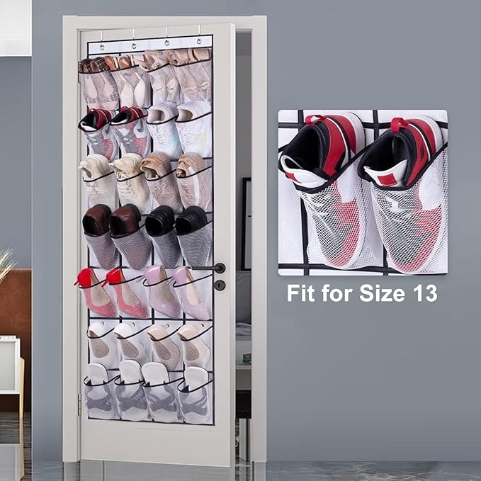 MISSLO 28 Large Pockets Over The Door Shoe Rack Hanging Shoe Organizer for Closet Door Shoe Storage Holder Mesh Hanger, White