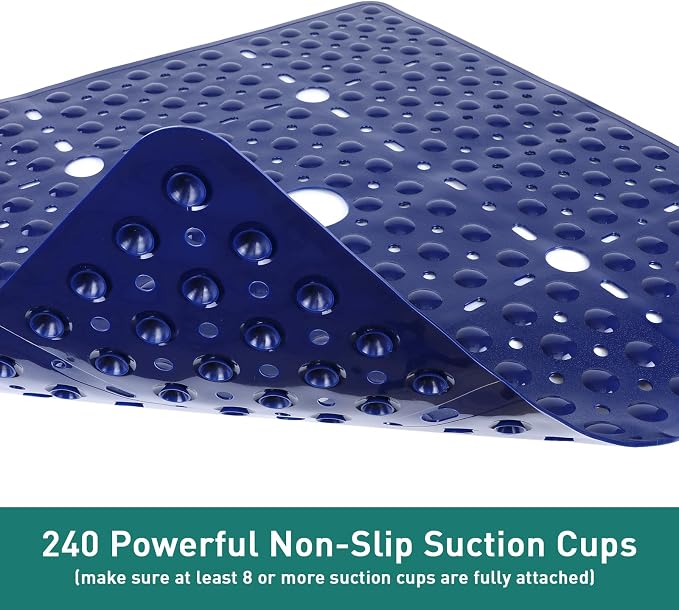Large Square Shower Mat 27 x 27 Inch Navy Blue, Non Slip Shower Bathtub Mats for Inside Shower with Big Suction Cups Drain Holes, Anti Slip Bathroom Floor Stall Mats, Easy Clean, BPA-Free
