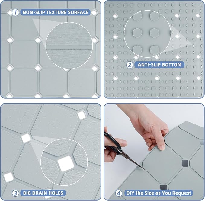 Bathtub Mat Non Slip 15" x 28" Silicone Foldable Tub Mat with Strong Suction Cups & Large Drain Holes, Durable & Eco-Friendly, for Smooth Surfaces, Ideal for Seniors, Adults Grey