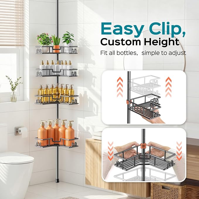HAMITOR Adjustable 4-Tier Bathroom Storage: Corner Rustproof Shower Caddy Tension Pole - Floor-to-Ceiling Space-Saving Organizer - No Drill Tension Mounted Home Accessory Rack for Renters 47-123 Inch
