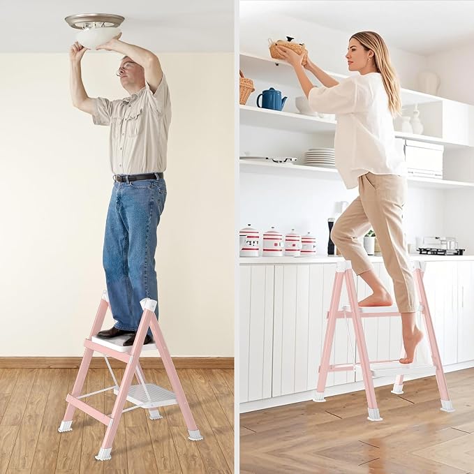 DIAMONDFORGE 2 Step Ladder, Folding Step Stool with Anti-Slip Wide Pedal, Anti-Slip Feet, Sturdiest Steel Construction, 330lbs Capacity Steel Ladder for Home and Office, Pink White