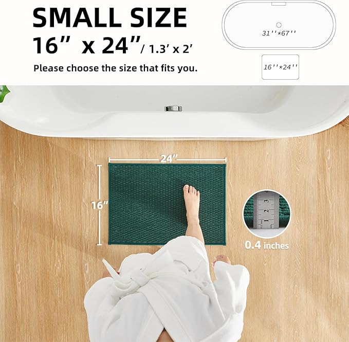 TYUU Bathroom Rugs Non Slip Washable, Super Absorbent Thin Bath Mat Small Quick Dry Low Pile Bathroom Rug, Dark Green 16"x24"