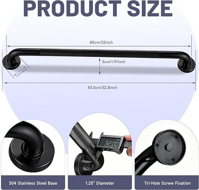 32 Inch Shower Grab Bar, XIANTHUS Black Anti Slip Safety Bars, 304 Stainless Steel Bathroom Handrail, Handicap Grab Bars for Wall, Shower Grip Handle for Seniors Elderly Injury Assist Bath (1.25" Dia)