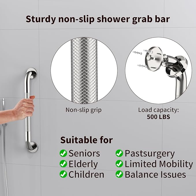 16 Inch Anti Slip Shower Grab Bar Handle, ZUEXT Chrome Finish Stainless Steel Bathroom Grab Bar, Knurled Bathroom Balance Bar,Safety Hand Rail Support,Handicap Elderly Injury Senior Assist Bath Handle