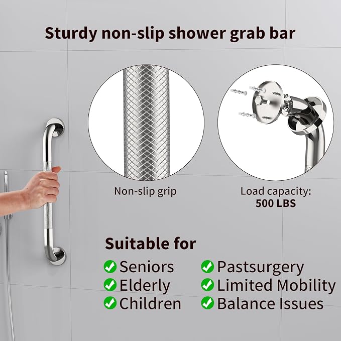 2 Pack 32 Inch Anti Slip Shower Grab Bar Handles, ZUEXT Chrome Stainless Steel Knurled Bathroom Balance Bar, Safety Hand Rail Support,Handicap Elderly Injury Senior Assist Bath Handle(1.25" Diameter)
