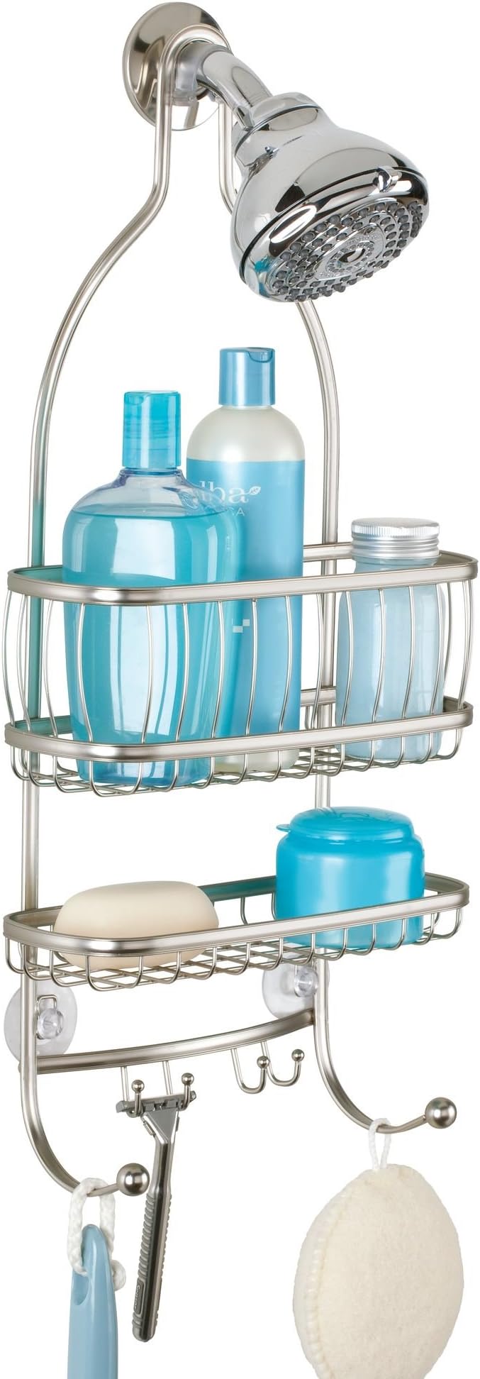 iDesign York Metal Wire Hanging Shower Caddy, Extra Wide Space for Shampoo, Conditioner, and Soap with Hooks for Razors, Towels, and More, 9.75" x 4" x 22", Satin Silver