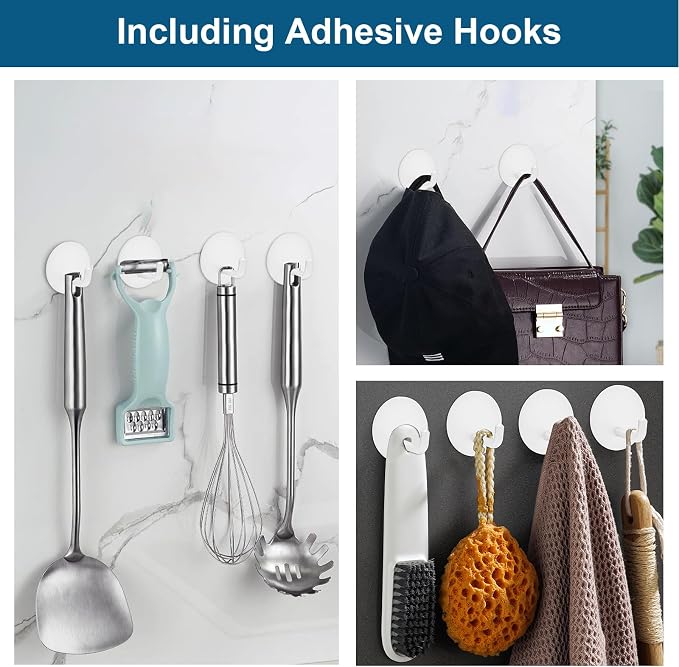 Razor Holder for Shower + Adhesive Wall Hooks, Premium 304 Stainless Steel Shower Razor Holder with Heavy Duty Waterproof Sticky Hooks for Hanging Towels, Coat, hat (4+4 Pack) - White