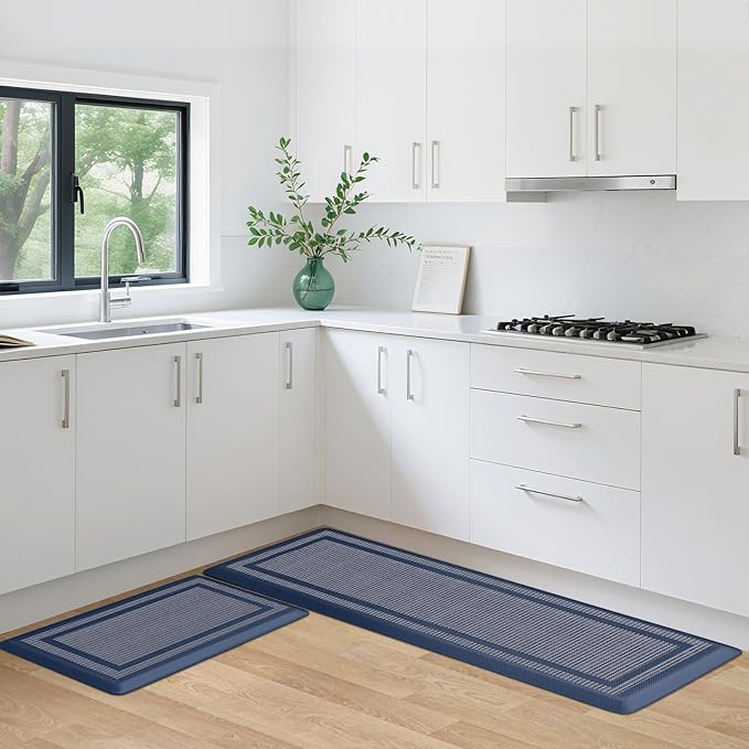 KitchenClouds [2 PCS Kitchen Rugs Cushioned Anti-Fatigue Kitchen Mats for Floor Waterproof Kitchen Rug Set Non-Slip Comfort Standing Mat for Office, Sink, Laundry 17.3"×29"+17.3"×47",Blue