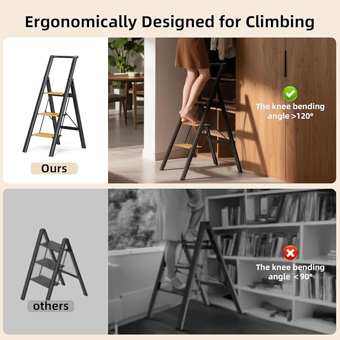 SOLADDER 3 Step Ladder with Handrails, Anti-Slip and Foldable Step Stool with Widen Pedals, Portable Stepladders for Home, Kitchen and Indoor, Space Saving -300lbs(Black+Woodgrain)