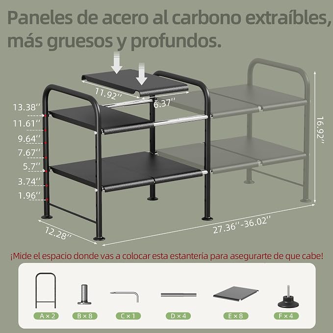 NETEL Under Sink Organizers and Storage,2 Tier Shelf Under Bathroom Sink,Cabinet Organizer with 8 Removable Carbon Steel Panels，Partition Height Adjustable,(27.36-36.02)" W x 12.28" D x 16.93" H
