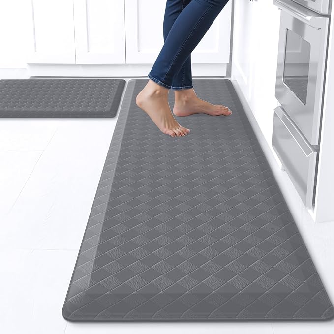 TranquilRelax 4/5 Inch Thick 2-Piece Anti-Fatigue Kitchen Mats, Cushioned Non-Slip Waterproof Sink & Stove Floor Mats, Comfortable Standing Rug Set for Kitchen, Laundry & Entryway, Grey