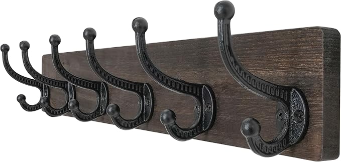 WEBI Rustic Coat Rack Wall Mount,24" Long 6 Cast Iron Coat Hooks Wall Mounted,Heavy Duty Wood Wall Coat Hanger Hooks for Hanging Coats,Jacket,Clothes,Backpack,Farmhouse,Weathered Brown