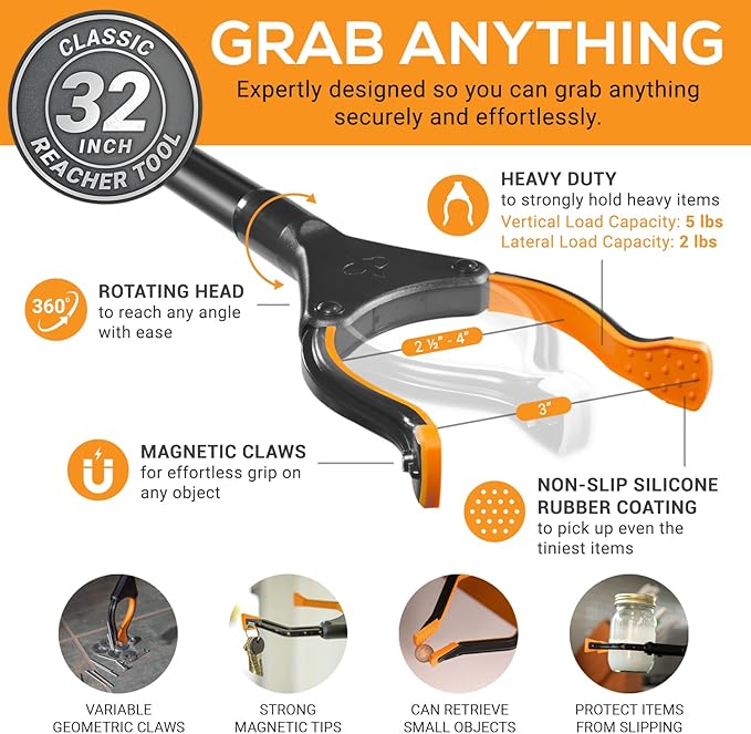 EZPIK Classic 32” Folding Grabber Reacher Tool with Dual Magnets, Heavy Duty Trash Picker Upper Grabber for Seniors & Disabled Users, Aluminum Pickup Tool for Everyday Reaching Aids (Black, 2 Pack)