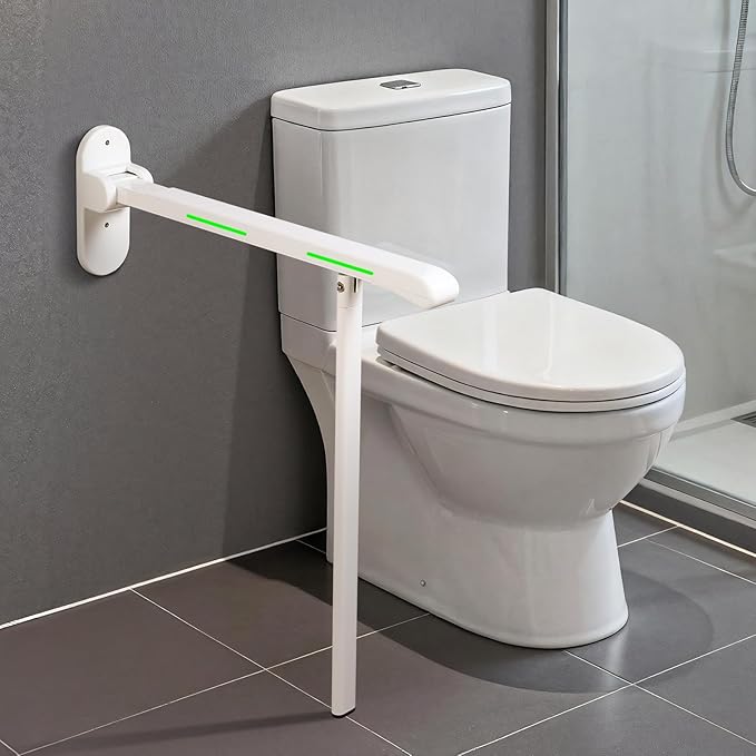 26.8 INCH Flip-Up Toilet Grab Bar with Support Leg, Wall-Mounted Safety Rail for Bathroom, Night Glow Strips on Both Sides, Folding Handrail for Elderly & Disabled