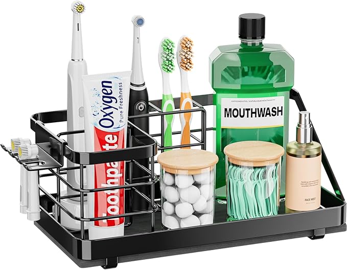 Toothbrush Holders Instant-Drying Organizer - Bathroom Countertop/Wall Mounted Electric Toothbrush Holder - Toothbrush Head Toothpaste Holder Bathroom Counter Organizers Storage Black