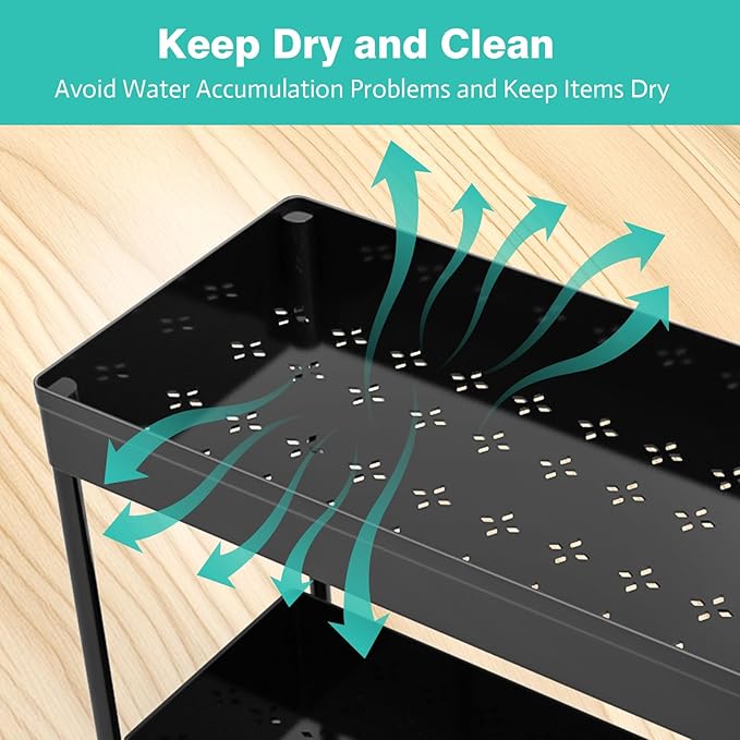 Under Sink Organizers 2 Pack, Pull-Out Sliding Cabinet Organizer with 2-Tier Storage Shelf & 4 Hooks, Multi-Purpose for Kitchen & Bathroom (13 Inch, Black)