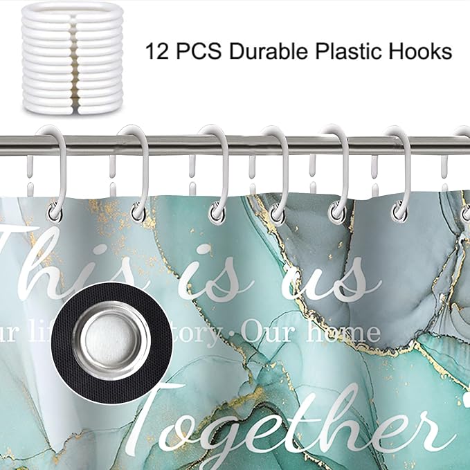 4Pcs Family Marble Shower Curtain Sets with Rugs,Green Home Inspirational Bathroom Decor Set, Bathroom Sets with Shower Curtain and Rugs, Waterproof Bathroom Shower Curtains, with 12 Hooks