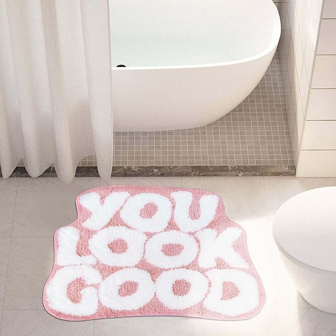 You Look Good Bath Mat Cute Bathroom Rugs, Pink Kitchen Rugs Door Mats Soft & Absorbent Plush Coral Fabric, Cool Funny Indoor Welcome Mats Home Carpets Non-Slip Washable 25”x21”