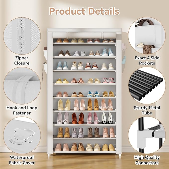 LANTEFUL Shoe Rack with Covers 10 Tier Tall Shoe Rack Organizer Large Capacity Shoe Shelf Storage 40 Pairs Space Saving Free Standing Shoe Storage Organizer for Closet, Entryway, Dorm, White